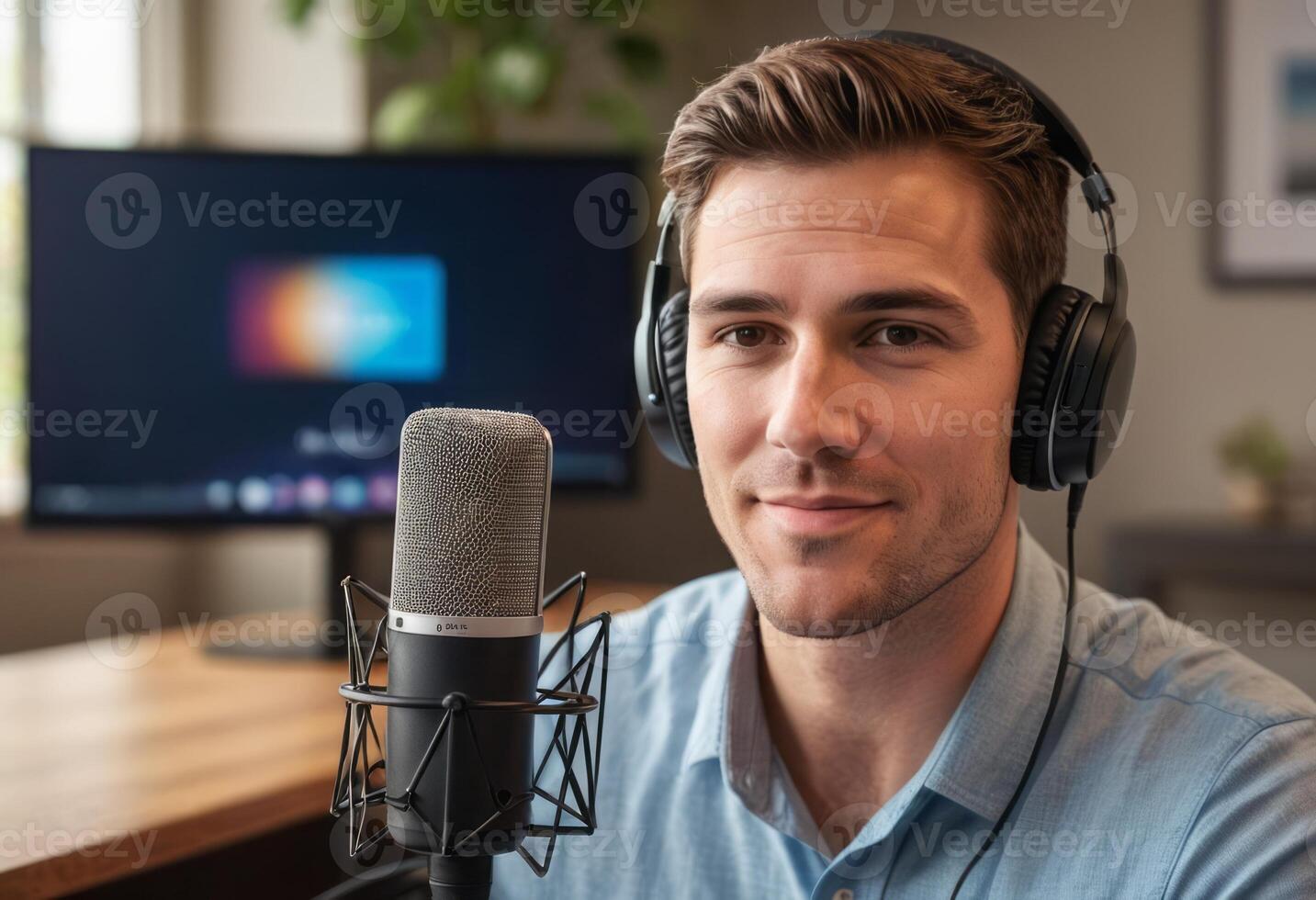 AI Generated A focused man podcasts using a professional microphone setup, engaging with his online audience. photo
