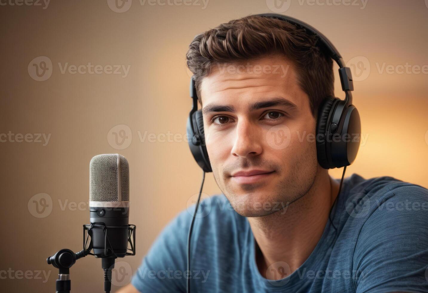 AI Generated A man with headphones speaks into a microphone, recording a podcast or broadcasting. photo