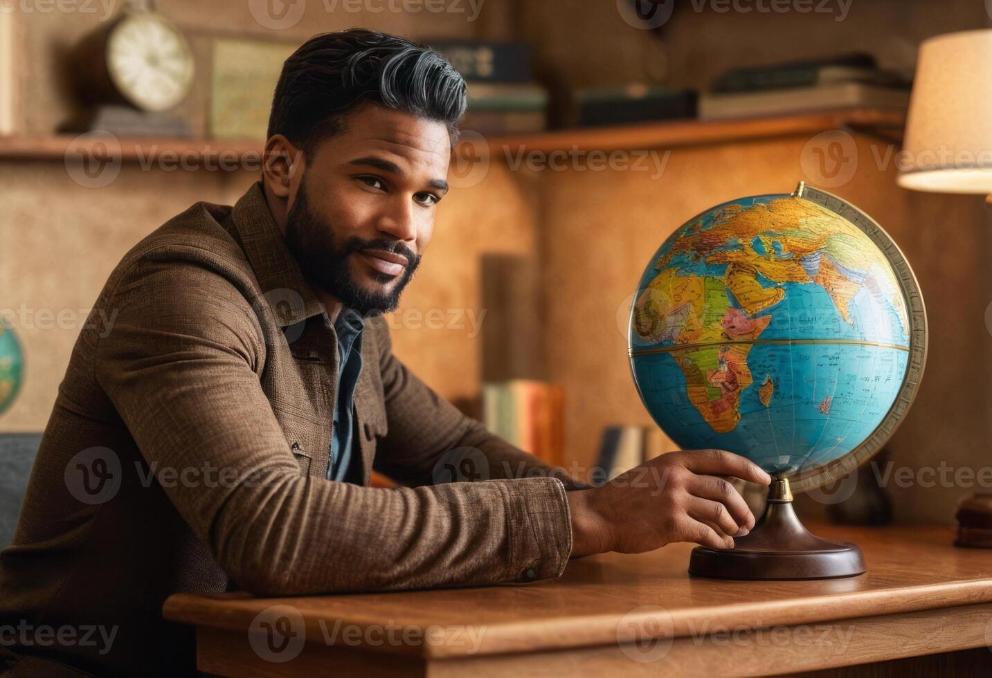 AI Generated A man sits at a desk with a globe, his thoughtful expression suggesting reflection or global interests. photo