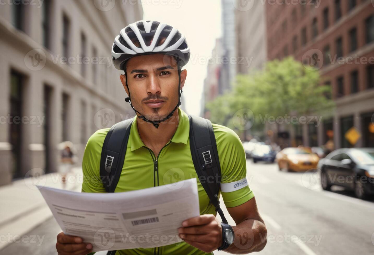 AI Generated A courier reviews paperwork before a bicycle delivery in the city, showcasing a blend of efficiency and eco-friendly transportation. photo