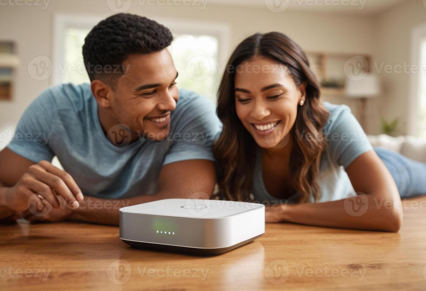 AI Generated A couple smiles as they set up their new internet router, enjoying the process of upgrading their home network. photo