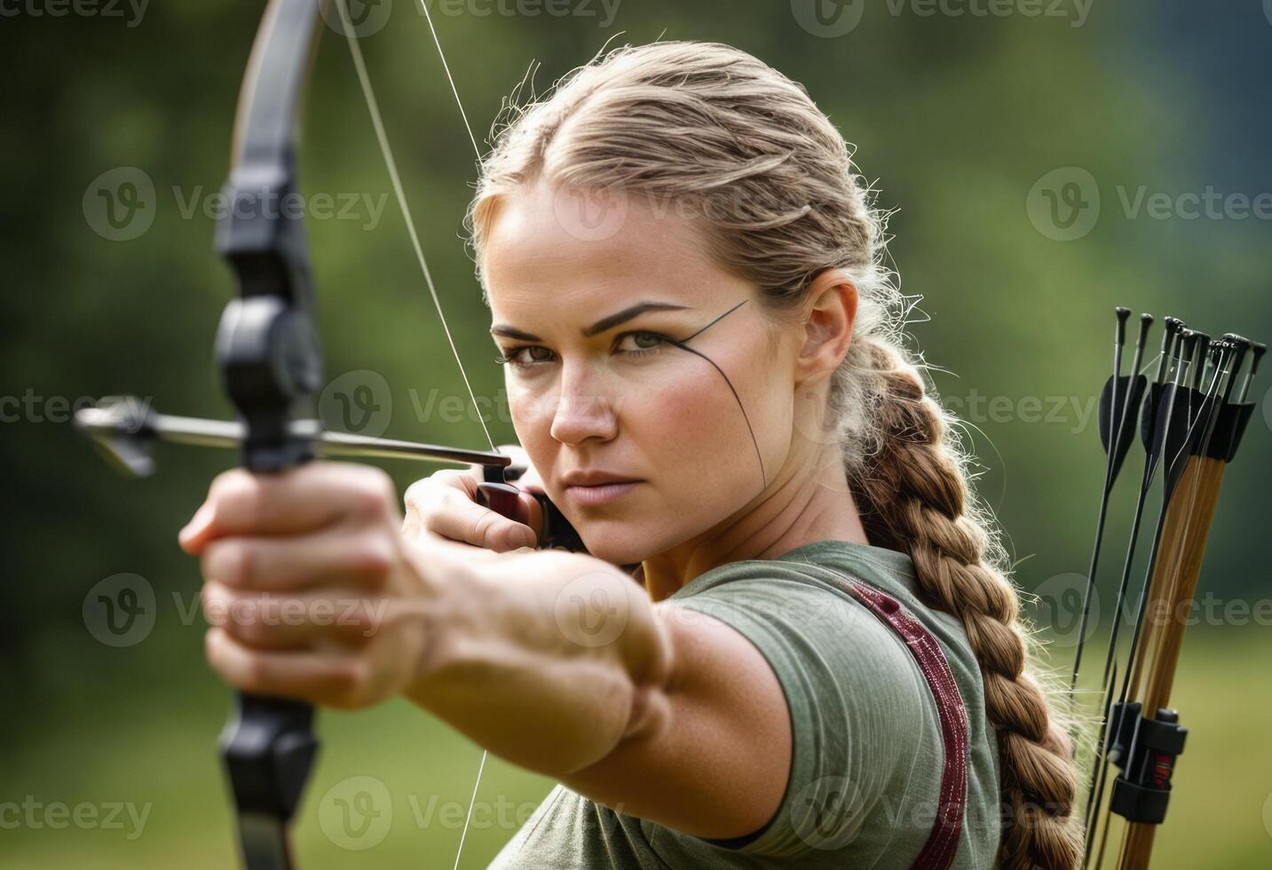 AI Generated A focused archer aims her bow with precision. The outdoor backdrop suggests a serene training environment. photo