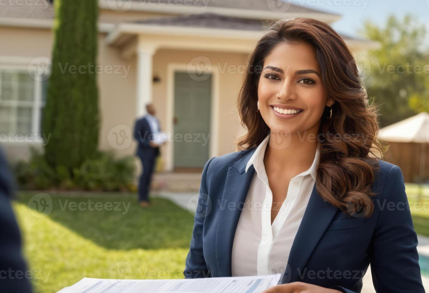 AI Generated A real estate agent stands outside a house with documents, ready to make a sale or consultation. photo