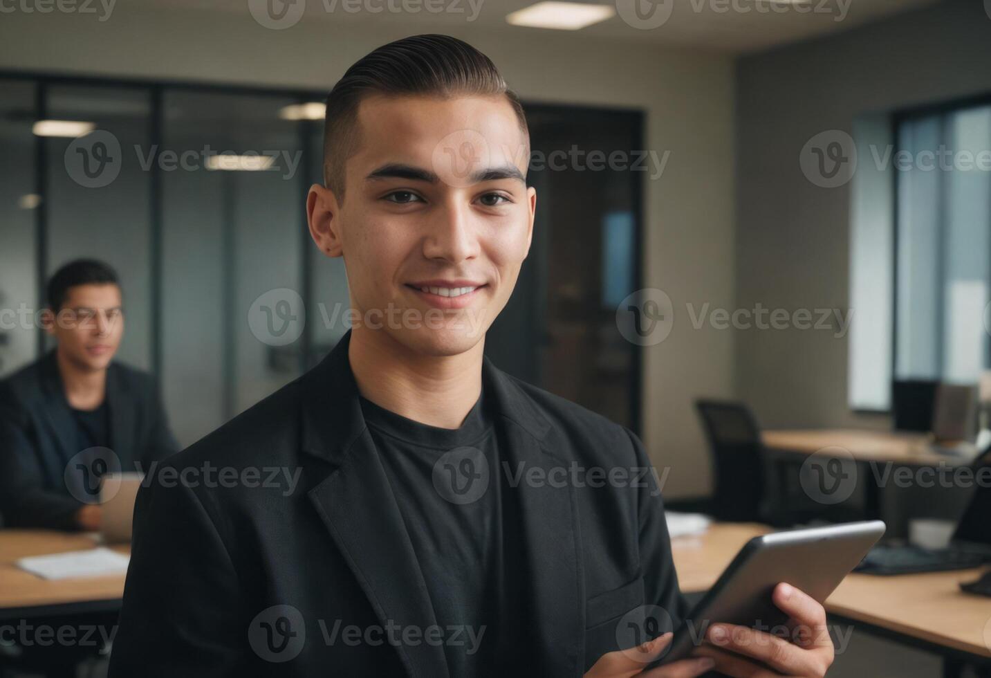 AI Generated A stylish young man smiles while holding a smartphone in an office environment. His appearance is sharp and modern. photo