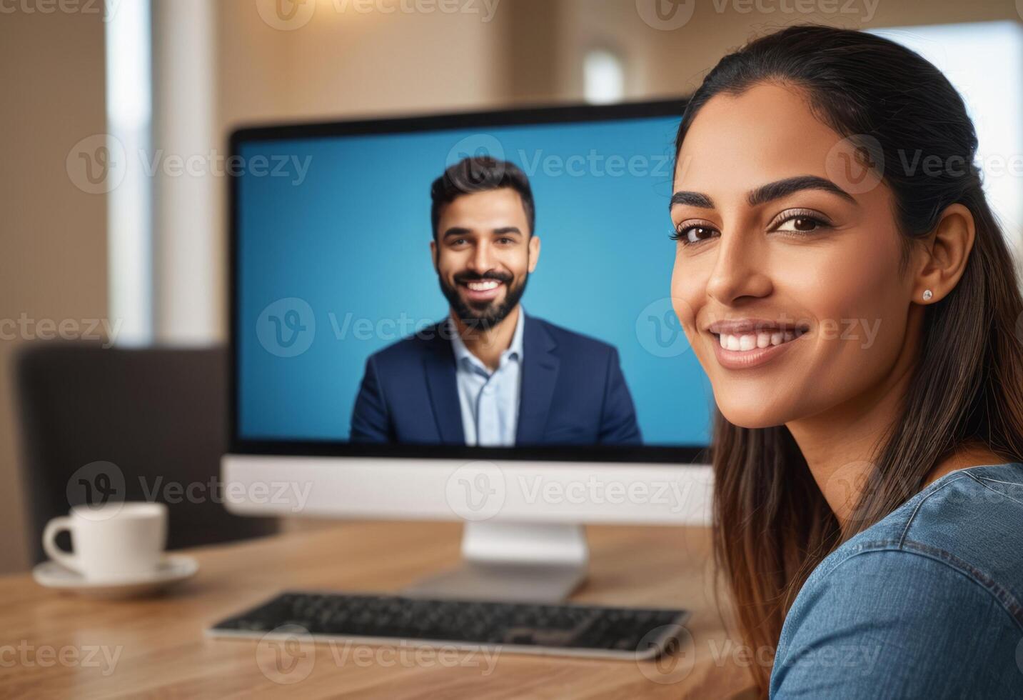 AI Generated A woman smiles during a video call, with the interface showing a male colleague. photo