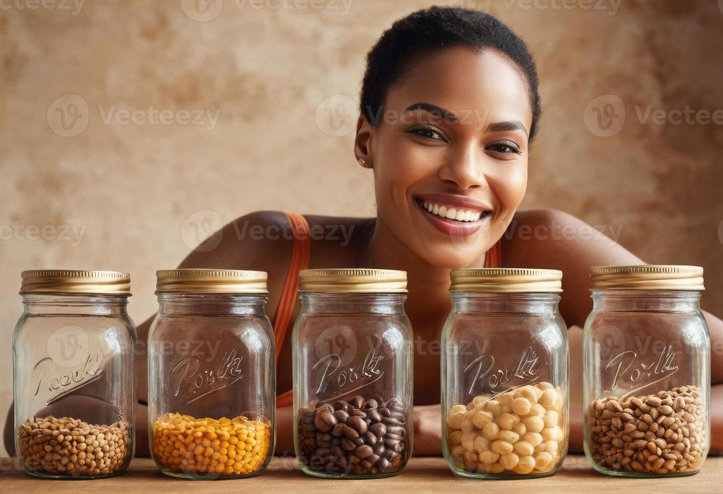 AI Generated A woman lies on a counter with an array of spice jars in front of her, showcasing a joy for cooking and ingredients. photo