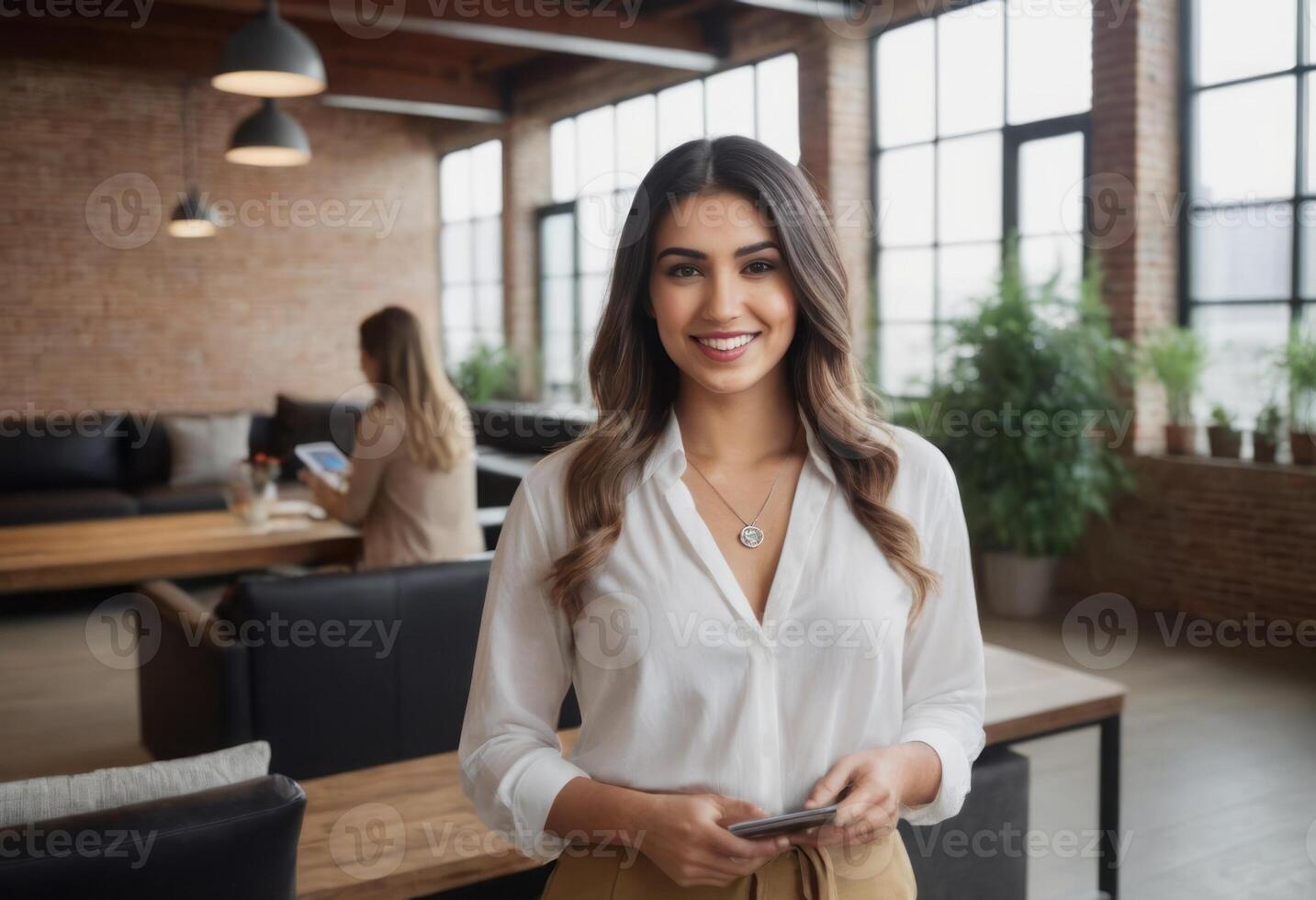 AI Generated Woman holding a tablet in busy office, poised and professional. Dynamic and modern work environment. photo