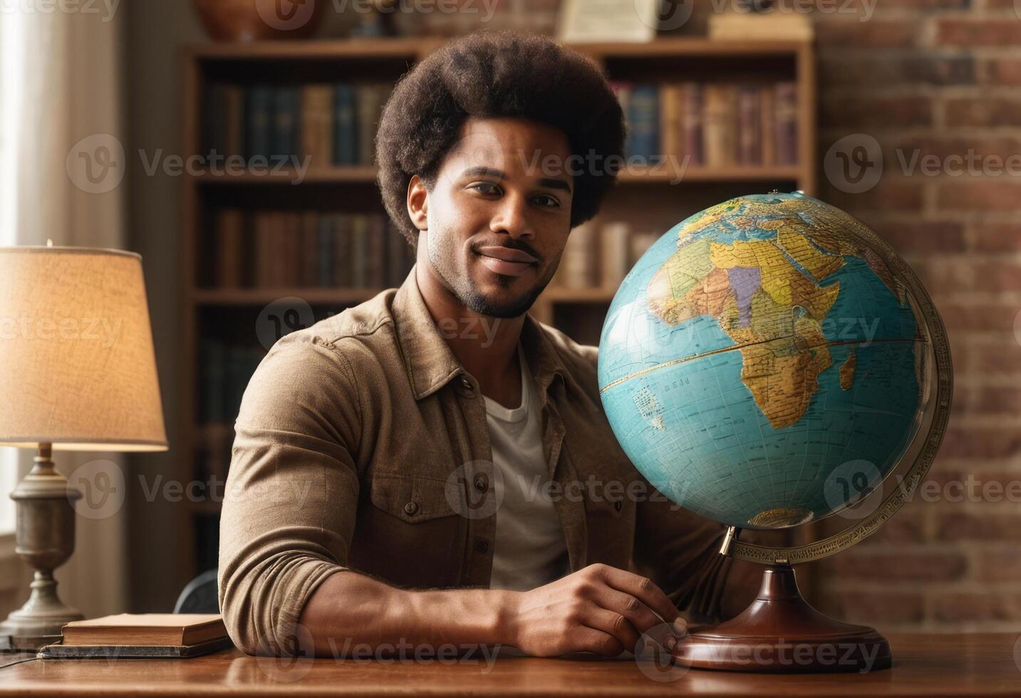 AI Generated A man in a home office looks at his computer screen, focused on his work with a bookshelf behind him. photo