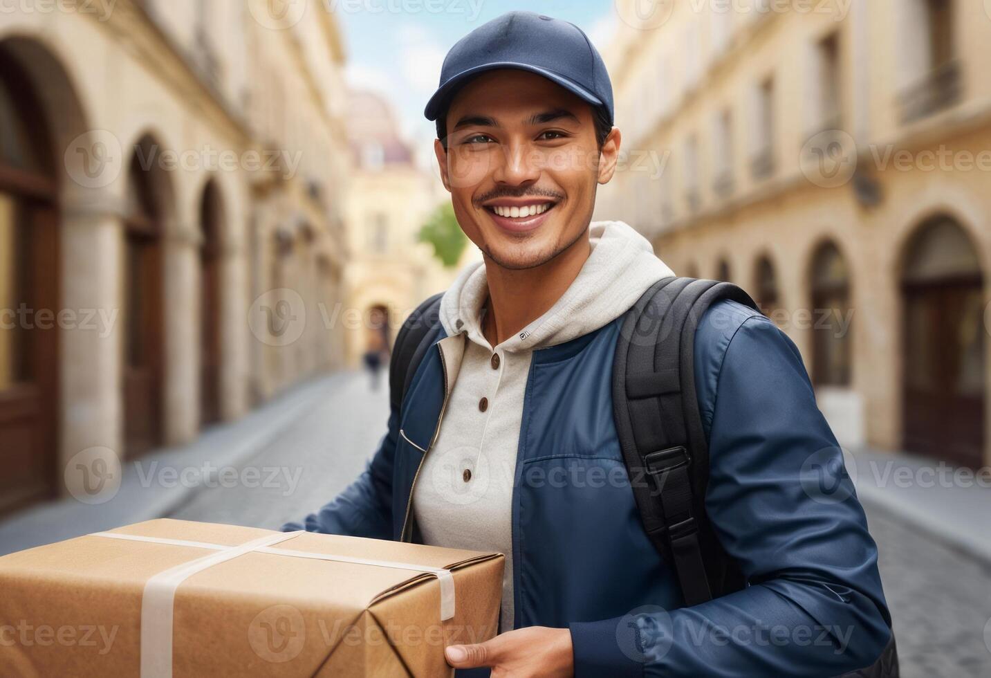 AI Generated A smiling man with a backpack holds a cardboard box in an urban setting, likely making a delivery. photo