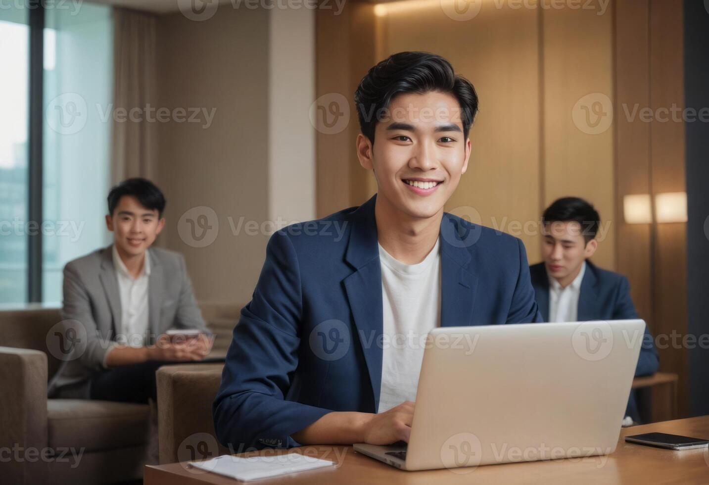 AI Generated A young man engaging with colleagues during a meeting at an office. The setting is formal and cooperative. photo