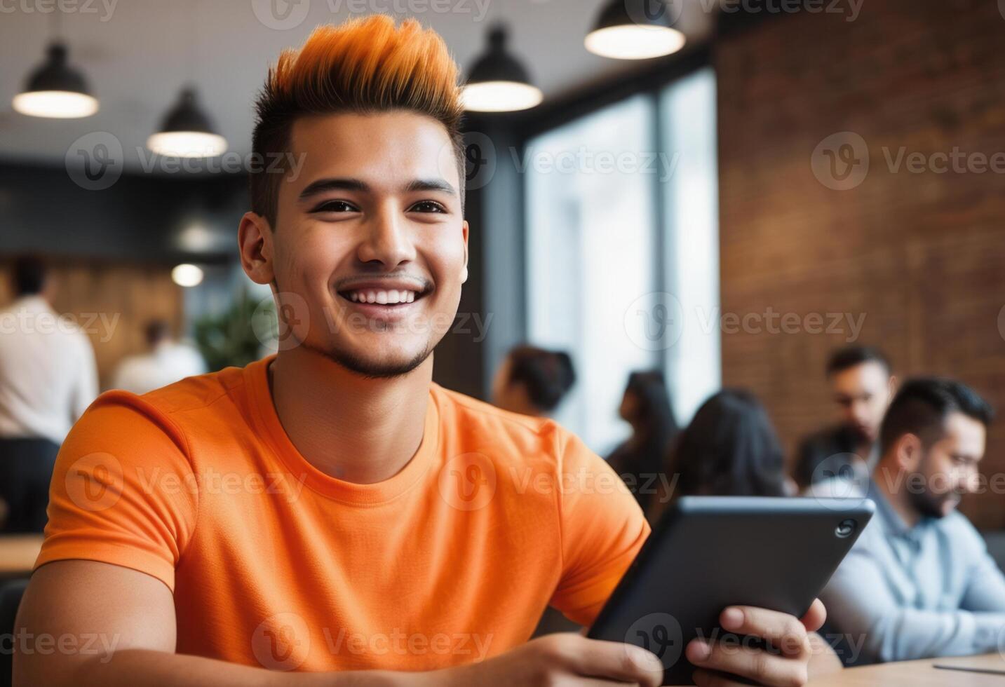 AI Generated A cheerful man in an orange shirt uses a digital tablet in a busy cafe. His bright expression and casual outfit convey a relaxed yet connected lifestyle. photo