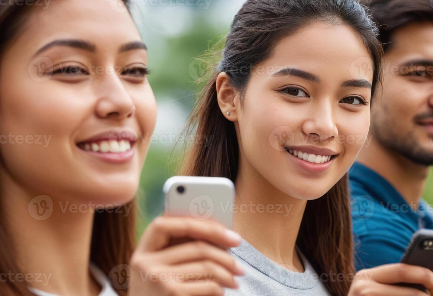 AI Generated A group of friends shares content on a smartphone, enjoying social interaction and digital media. photo