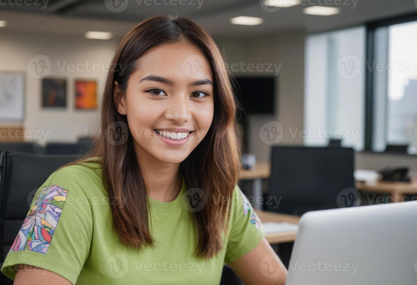 AI Generated A smiling student sits in a classroom, her positive attitude evident in her bright expression. She is engaged and ready to learn. photo