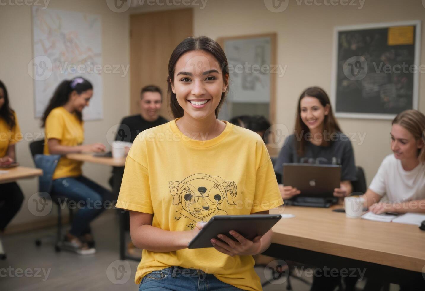 AI Generated A cheerful female student holding a tablet in a classroom setting surrounded by peers. Her smile radiates positivity and enthusiasm for learning. photo