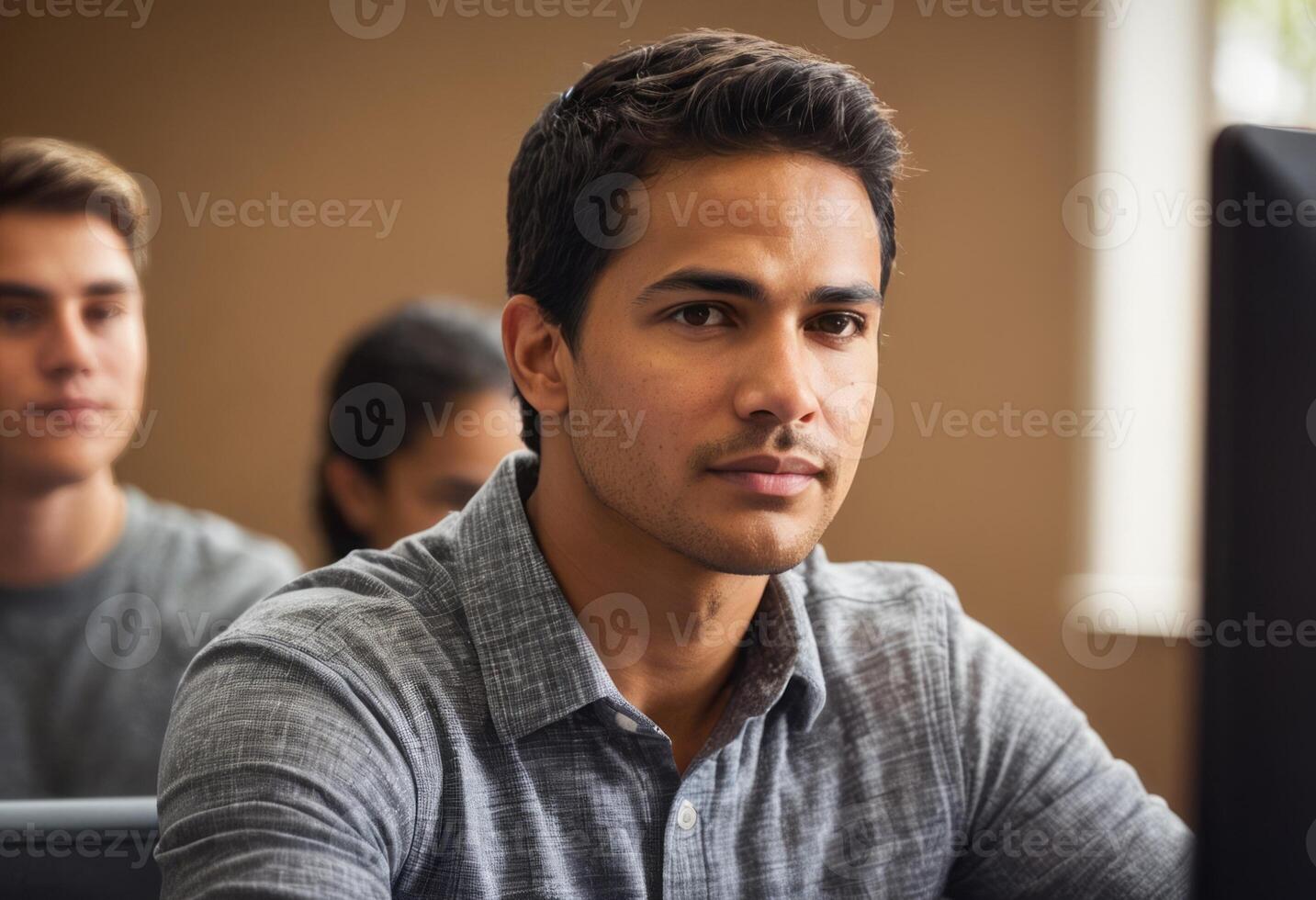 AI Generated A focused student listens intently in a geography class, with a map in the background enhancing the learning experience. photo