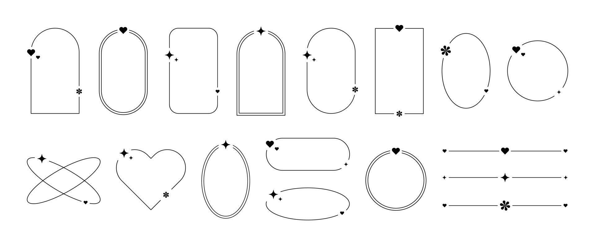 Aesthetic frames with y2k elements and aura. Borders with decorations with hearts, flowers and sparkles. Collection of vector isolated illustrations on a white background.