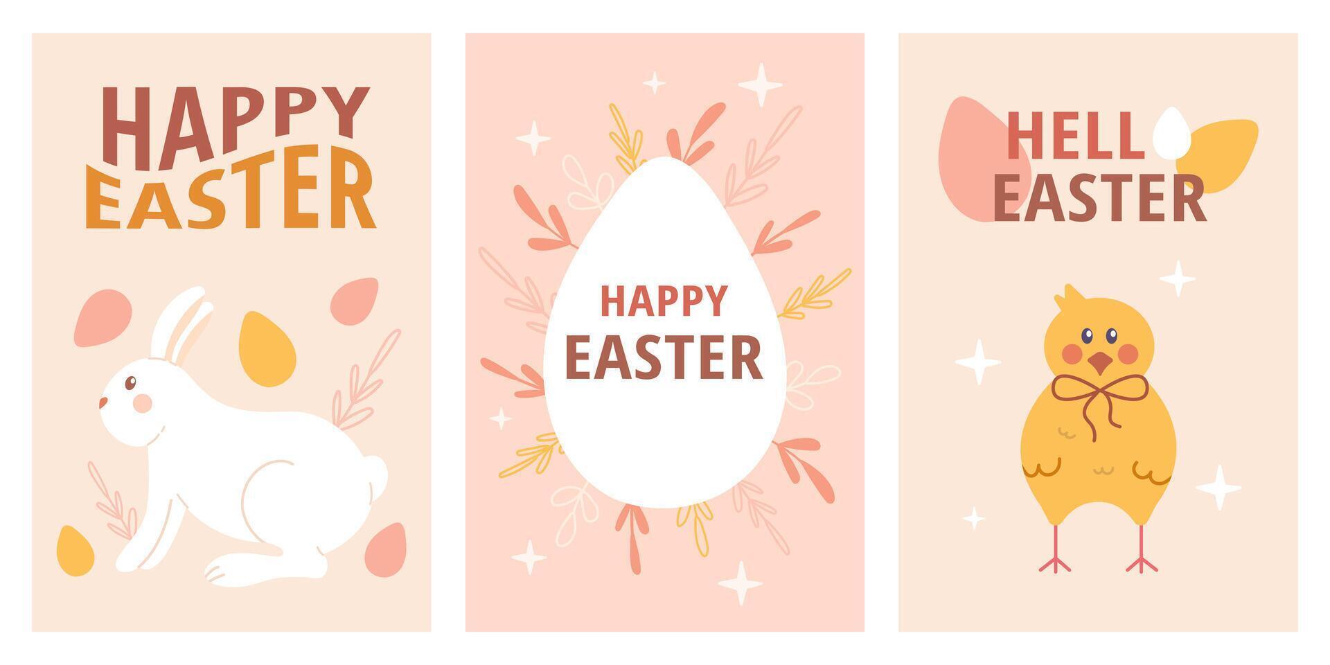 Happy Easter poster, card, set. Easter eggs, bunny. Spring modern vector illustration