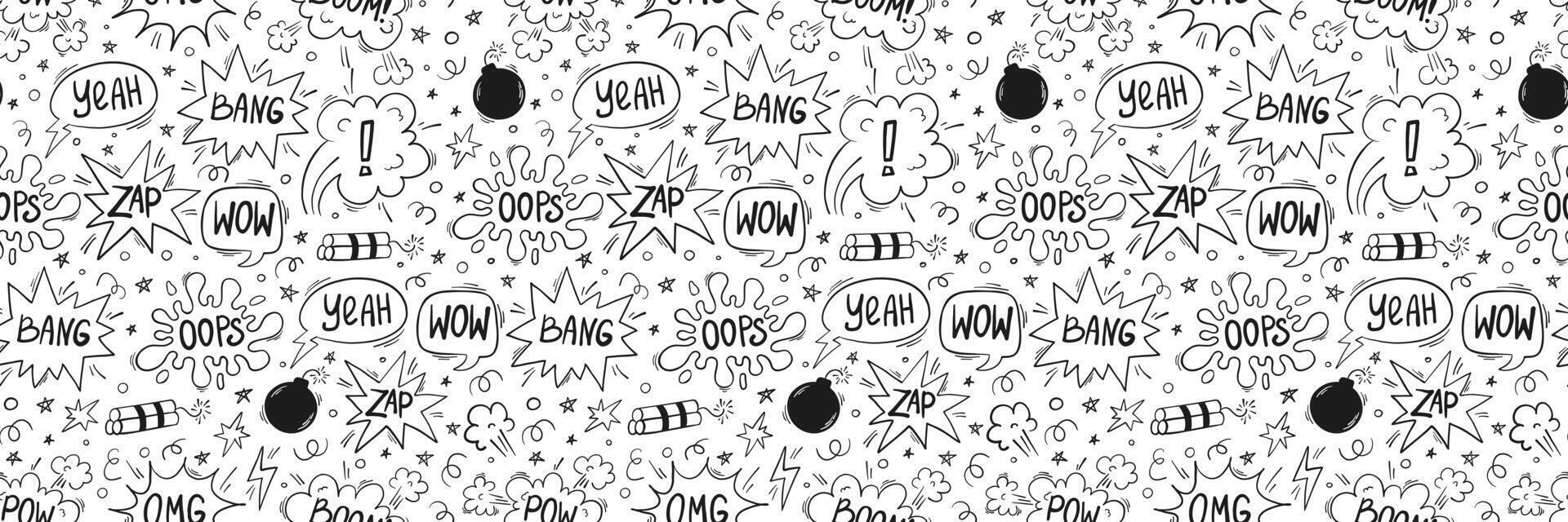 Vector seamless pattern of comics bombs and explosions in doodle style. Speech bubbles with words pow, wow, bang and omg