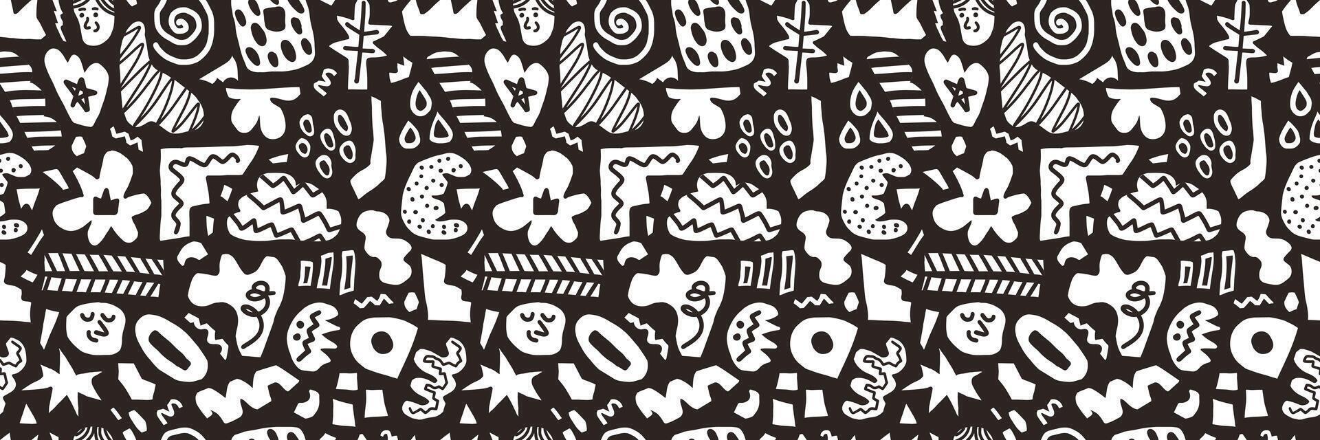 Abstract black seamless pattern hand drawn various shapes, curls, forms and doodle objects. Modern vector background