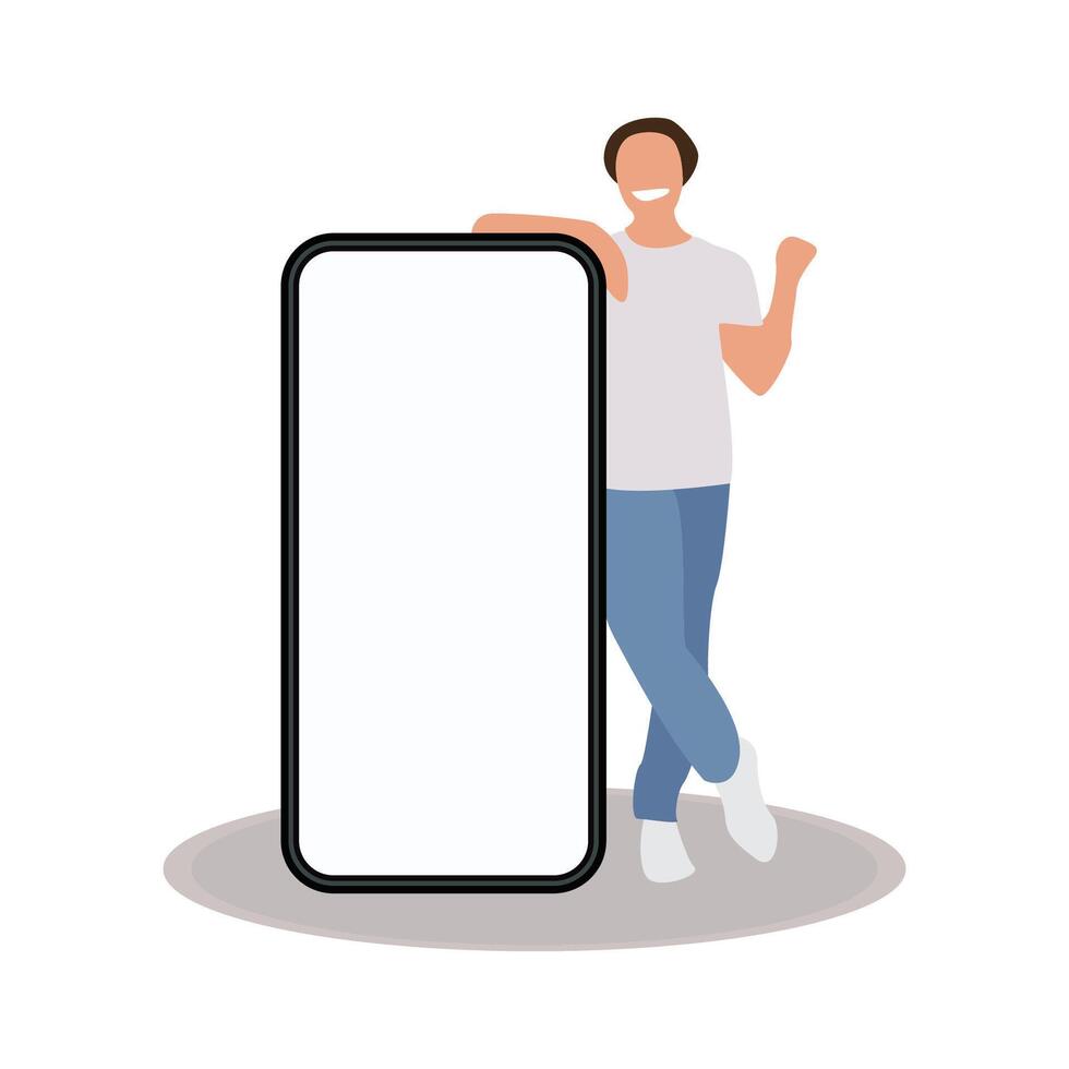 Happy smiling man standing with phone flat color vector