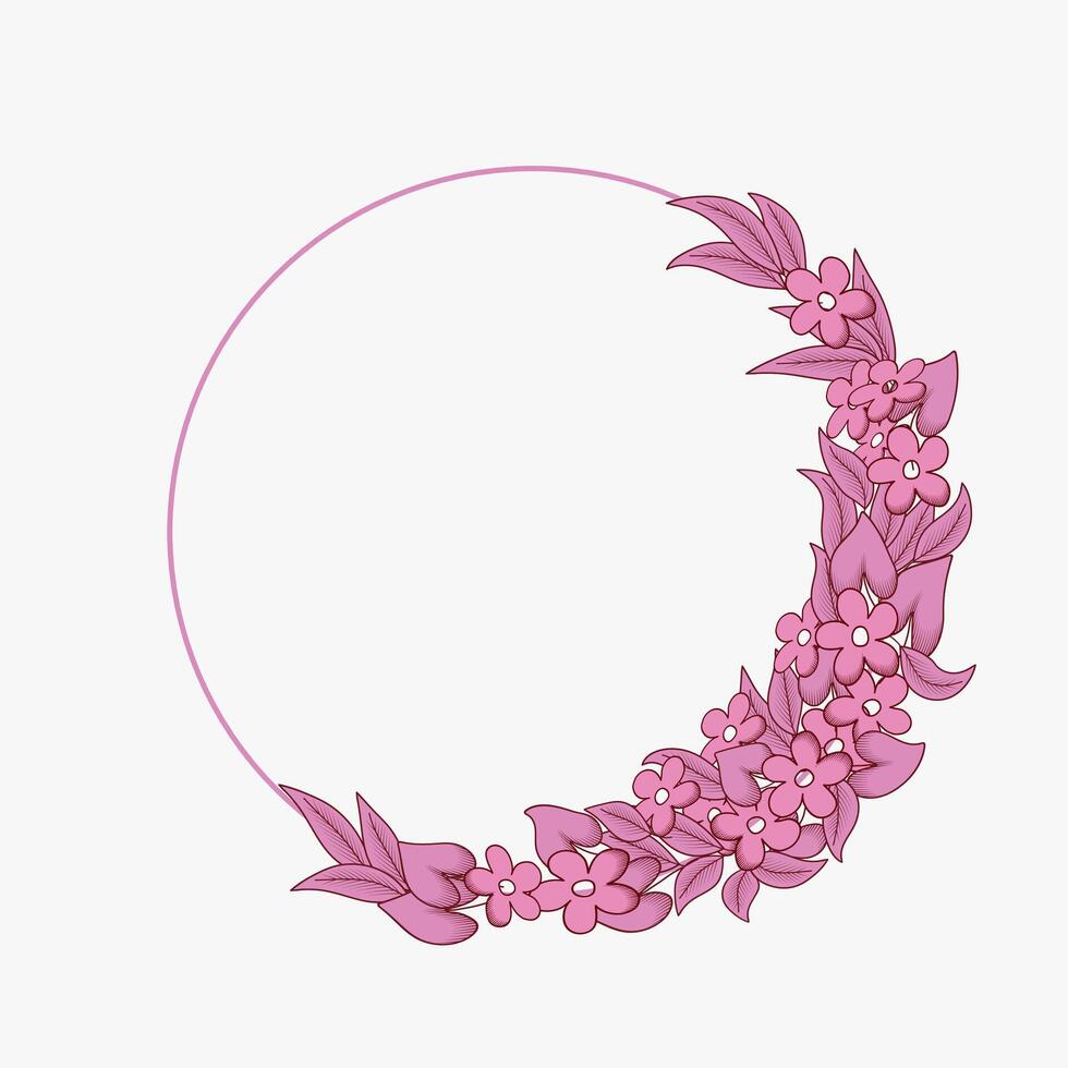 Clásico redondo floral marco con mano dibujado flores rosado flores y hojas envuelto alrededor un redondo marco. vector