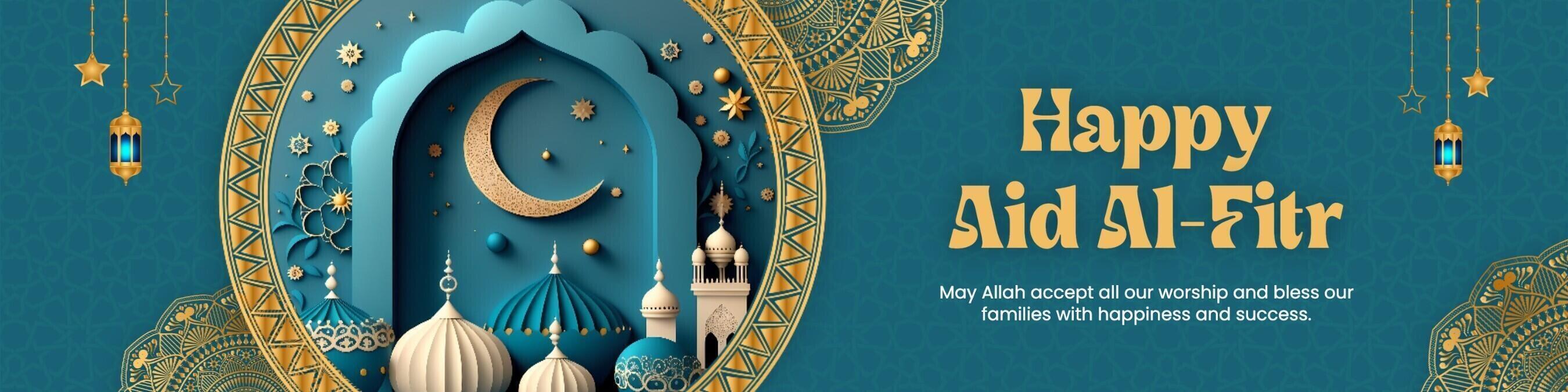 blue elegant eid al-fitr greeting linkedin banner template