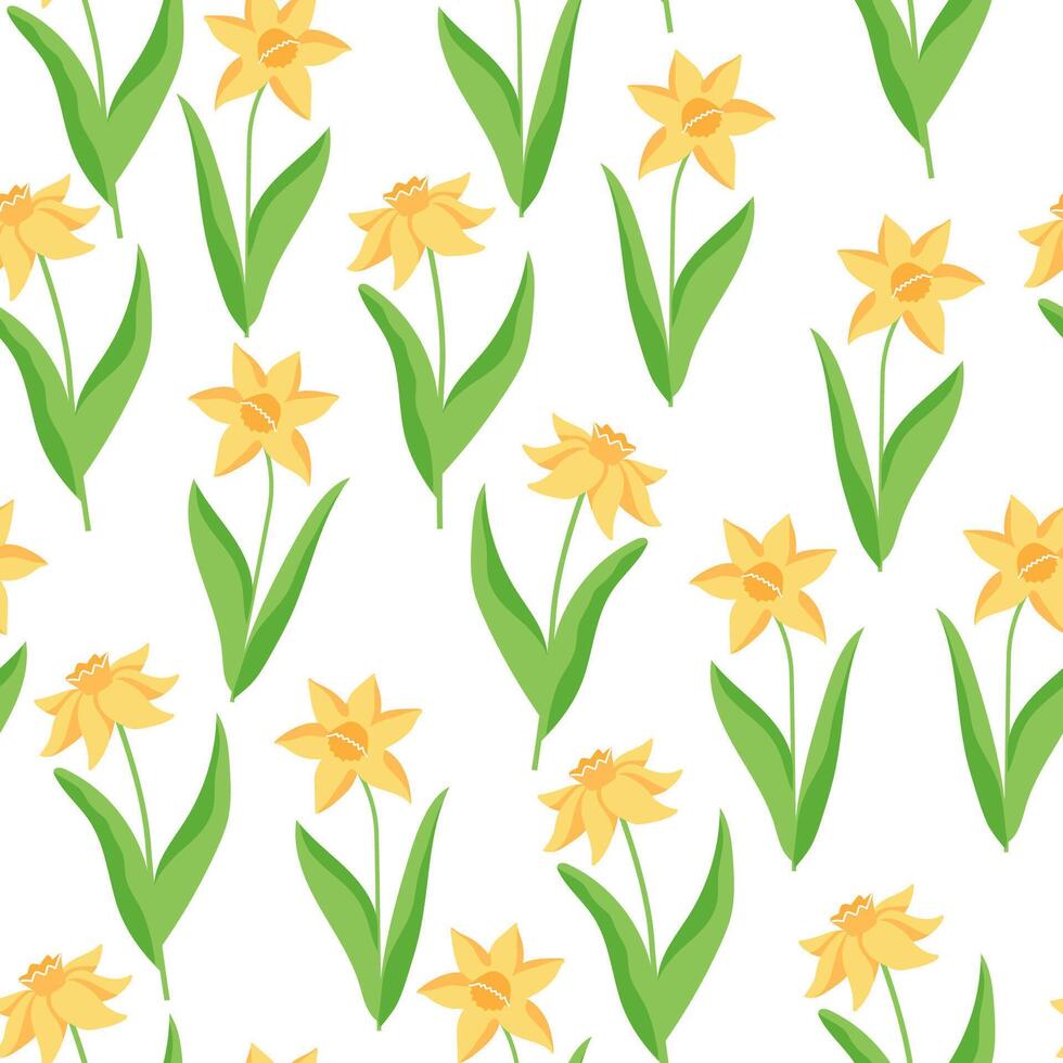 Vector floral pattern in doodle style with yellow daffodils. Spring flowers and leaves background.