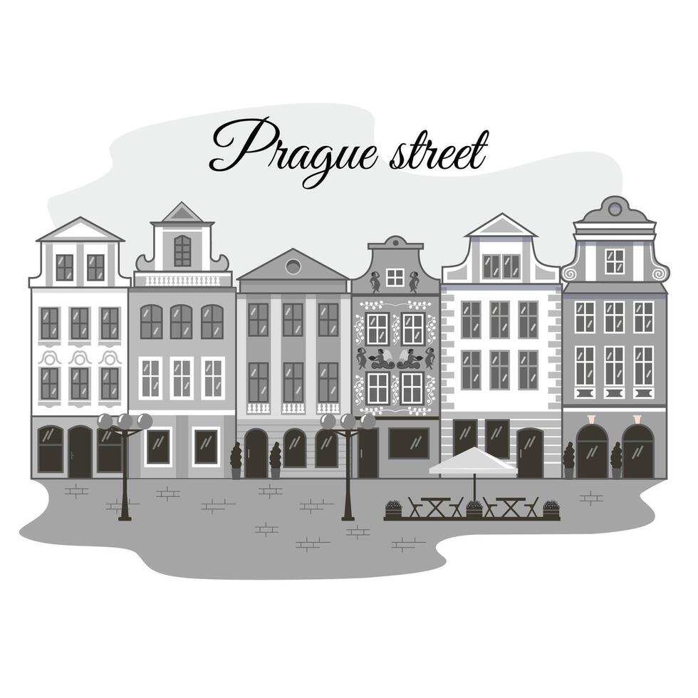 Black and white drawing of a street in Prague. Vector illustration.eps