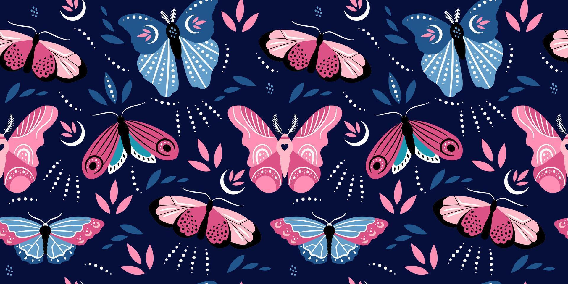 Colorful butterflies of different shapes on dark blue background. Vector seamless pattern. Beautiful trendy background for packaging, fabric, wallpaper.