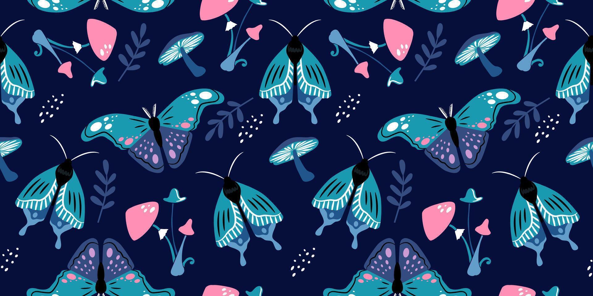 vector sin costura modelo de vistoso mariposas y hongos en oscuro azul antecedentes. hermosa de moda antecedentes para embalaje, tela, fondo de pantalla.