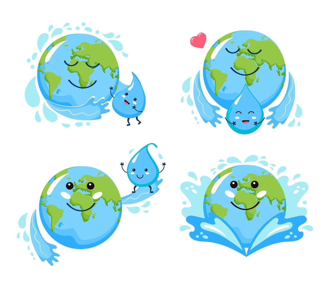 internacional agua día. mundo agua día. planeta tierra y agua gota. conjunto de linda caracteres. vector