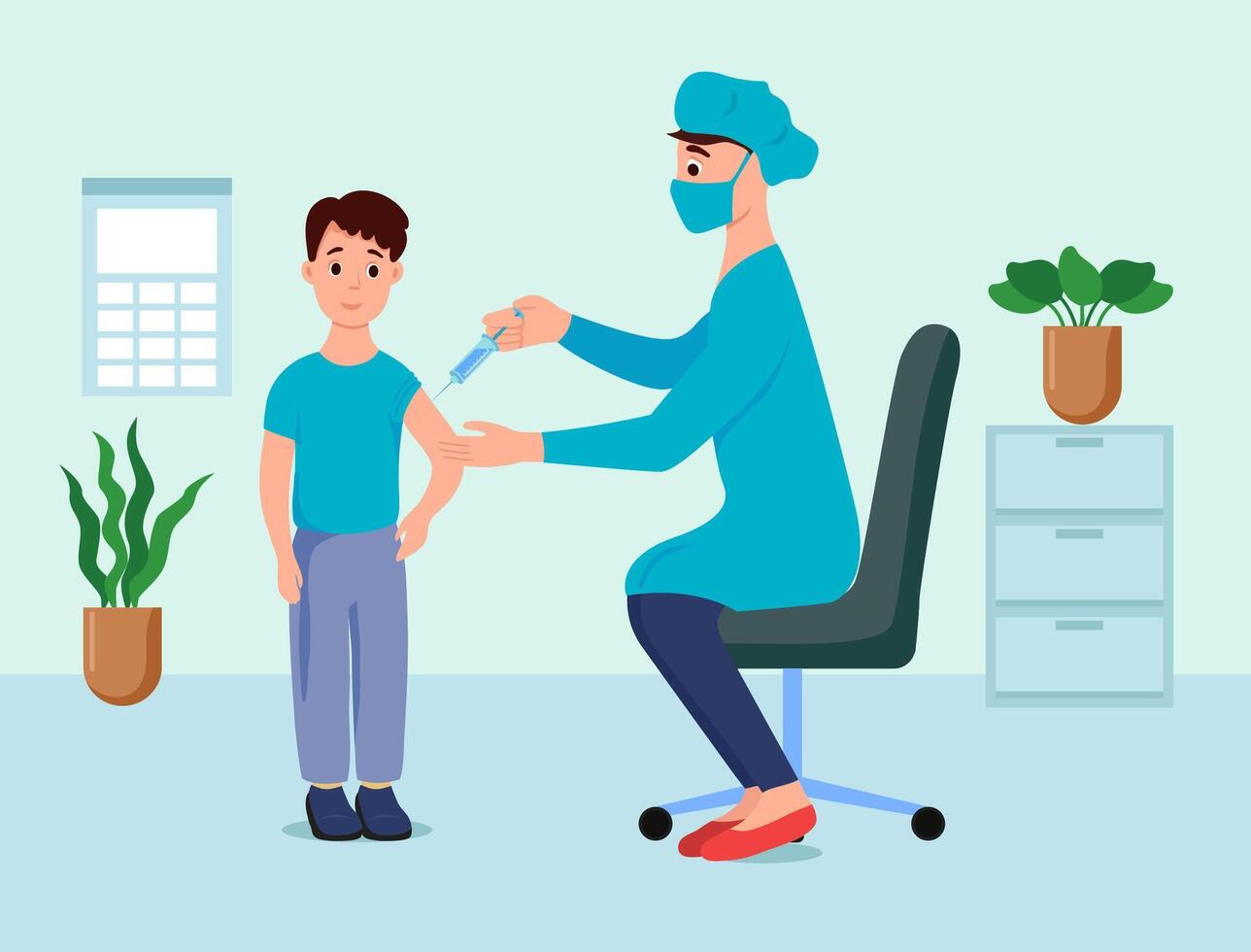 boy is vaccinated. The doctor makes a syringe injection. The vaccine - vector illustration