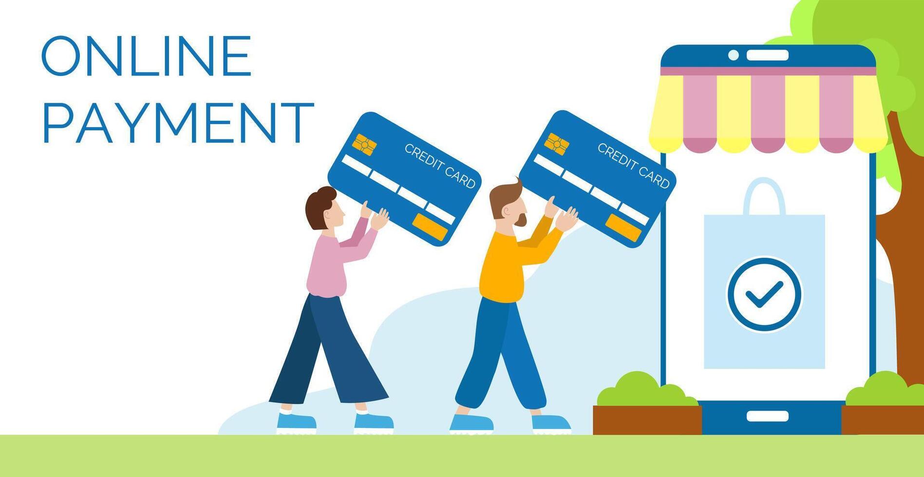 Banner template for online payment. Stylized little people carry credit cards in their hands, go to the screen of a smartphone stylized as a shop. Vector concept in a modern flat style.