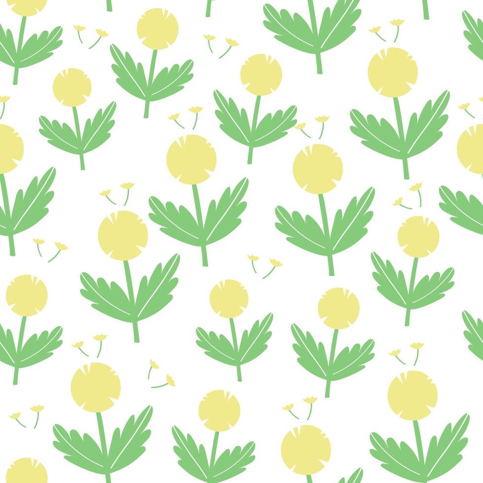 Vector floral pattern in doodle style with yellow dandelions. Delicate, spring floral background.