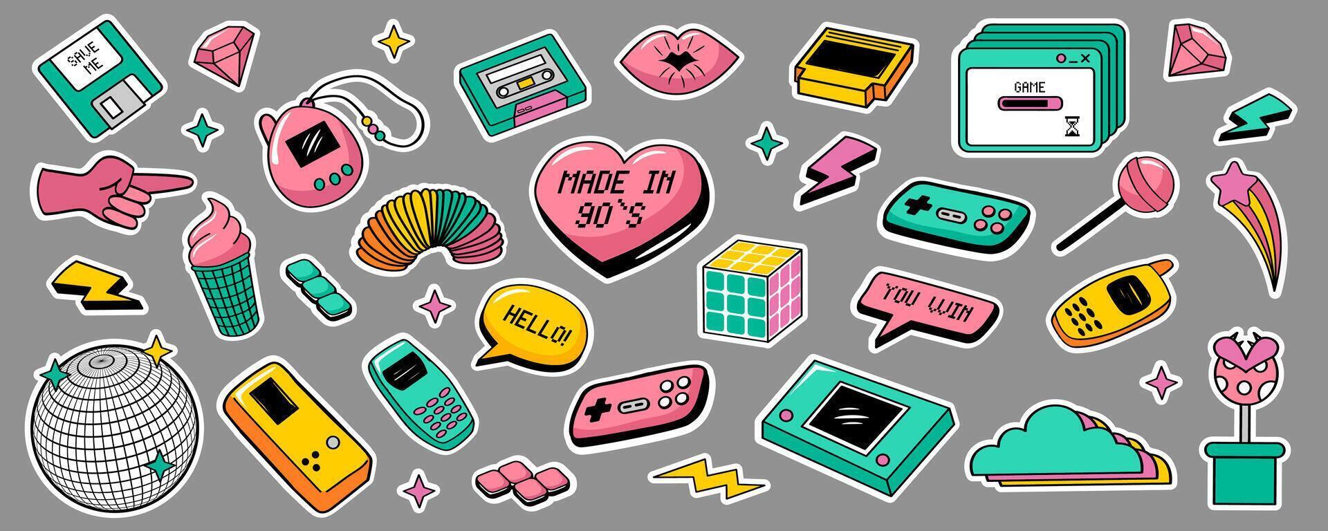 90s cute elements collection. Colorful vintage illustrations. Set of trendy hipster retro cool elements. vector