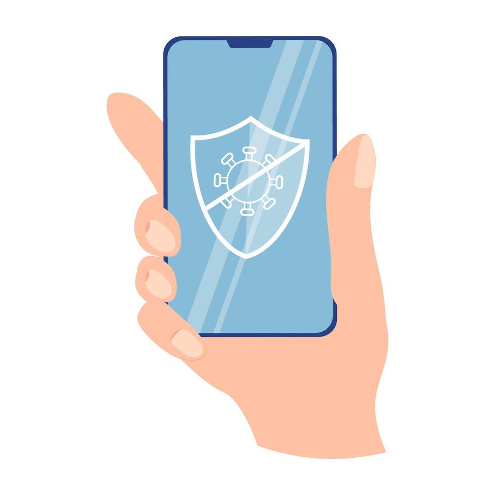 The hand holds a smartphone with a crossed-out covid-19 virus sign on the shield. Isolated vector concept on a white background. Coronavirus pandemic protection.