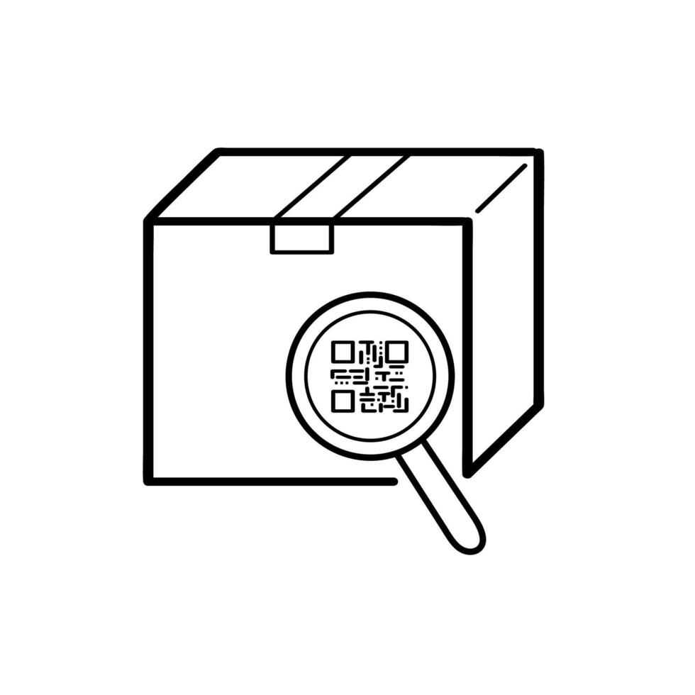 Box with a QR code. Labeling of goods.  Doodle icon. Vector illustration for marketing and electronic commerce.