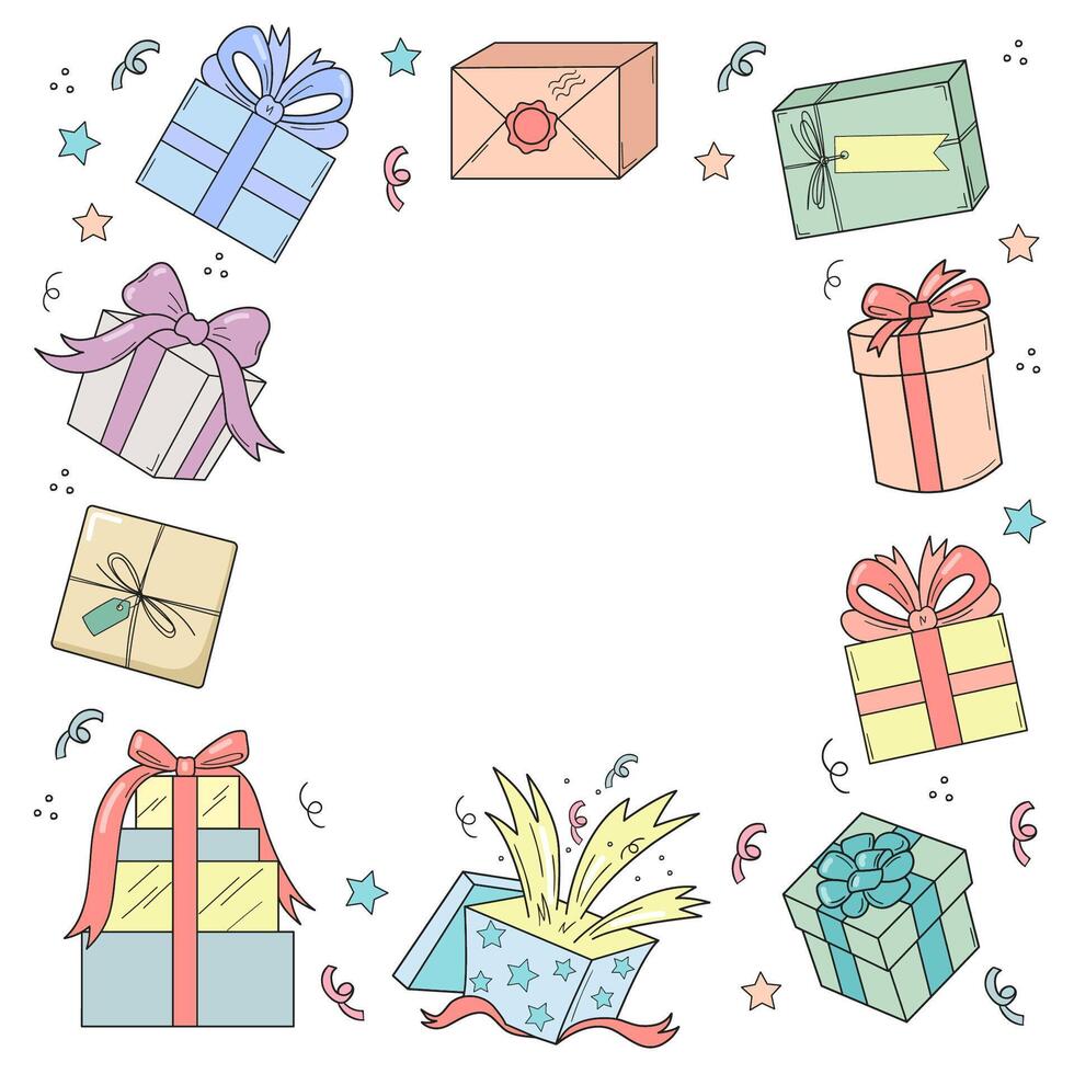 linda de colores caja regalos cuadrado marco. espacio para texto. cumpleaños tarjeta. pastel paleta. vector
