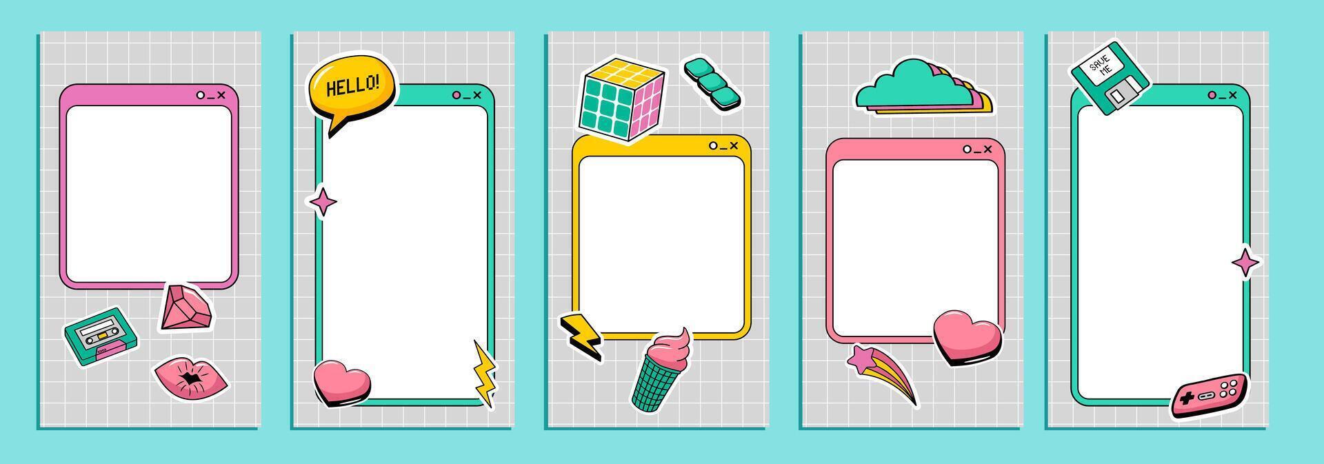 90s cute post templates collection. Social media stories and posts with retro cartoon elements. vector