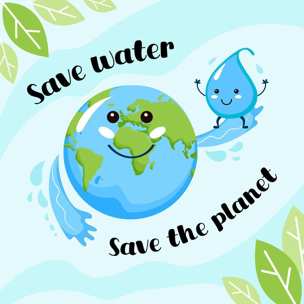 mundo agua día social medios de comunicación enviar modelo en dibujos animados estilo. salvar agua. linda caracteres agua soltar y planeta tierra. vector ilustración.