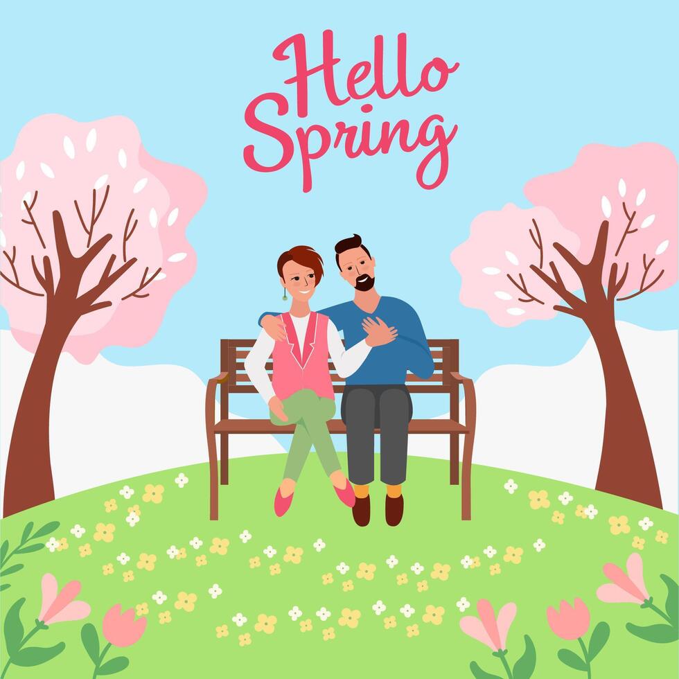 Spring nature greeting card template. Flowering park and couple on bench, trees in bloom. Vector illustration for social media post, postcard or cover.