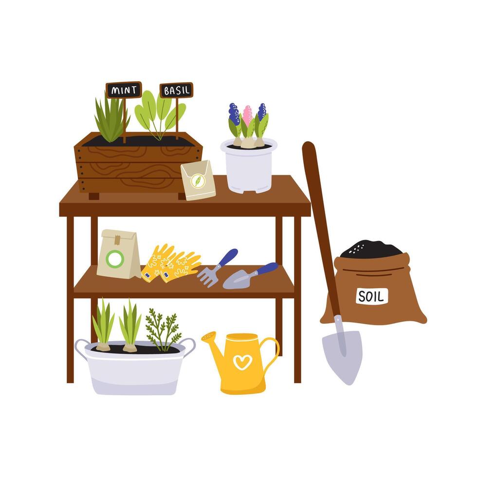 Spring gardening. Greenery, potted flowers, garden tools on the table. Vector composition. Illustration on a white background.