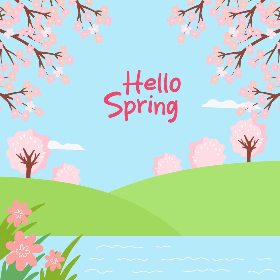Hello Spring greeting card template. Nature landscape with river or lake and flowering trees. Romantic illustration for social media post, postcard or cover. vector