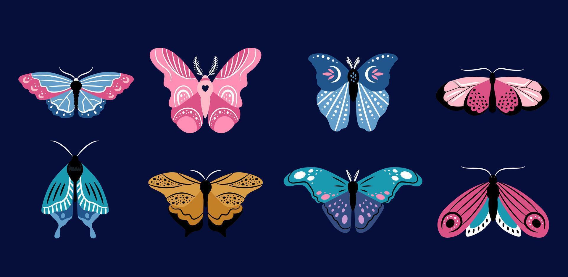 hermosa mariposas de diferente formas en un oscuro azul antecedentes. vector vistoso conjunto de ilustraciones para el diseño de embalaje, tarjetas, patrones.