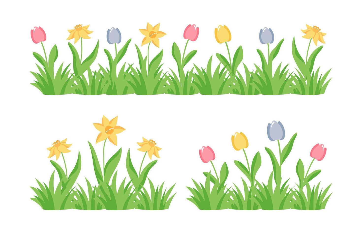 Early spring garden flowers isolated on white vector set. Illustration of tulips and daffodils in the garden.
