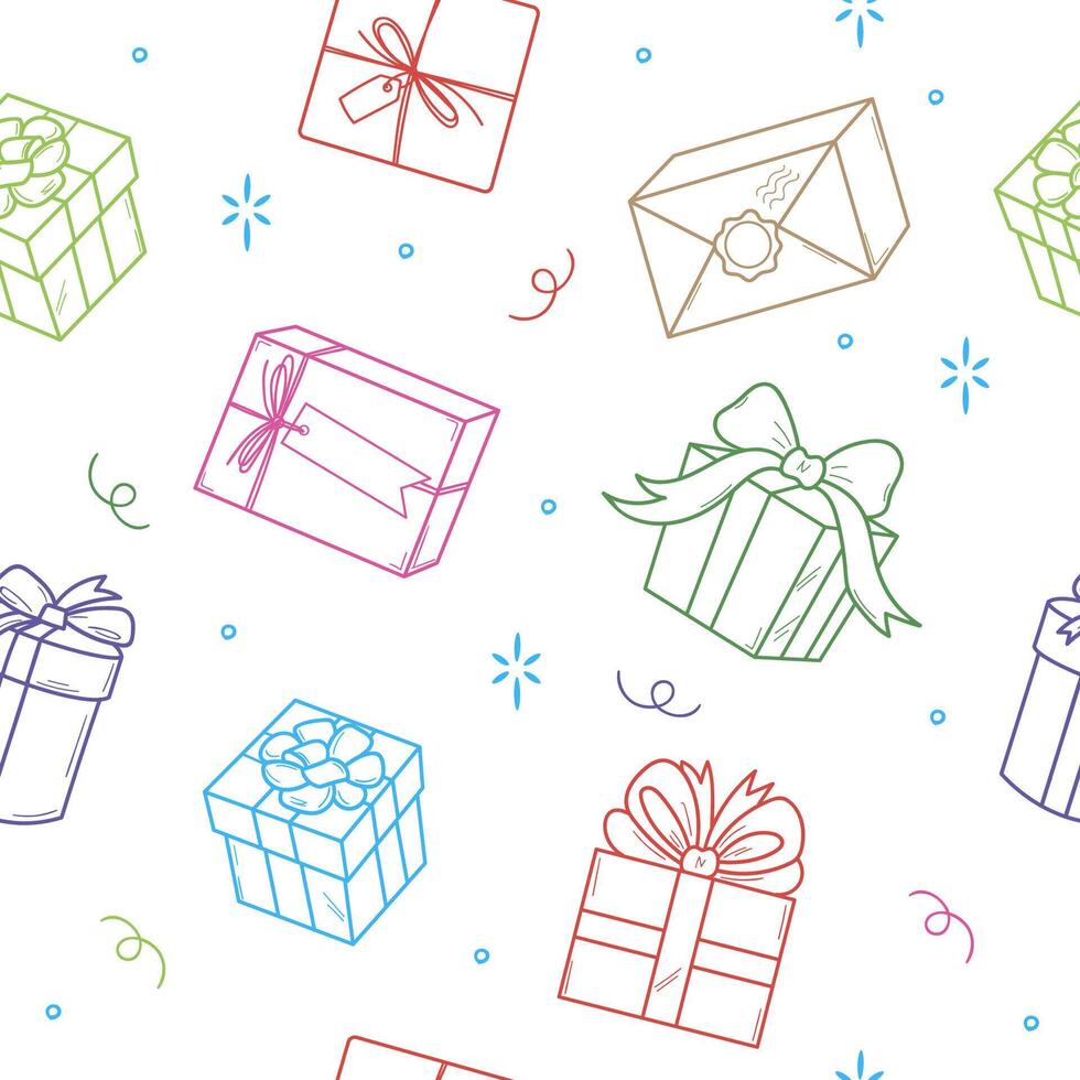 Colourful gifts seamless background. Festive packaging contour illustrations white background. vector