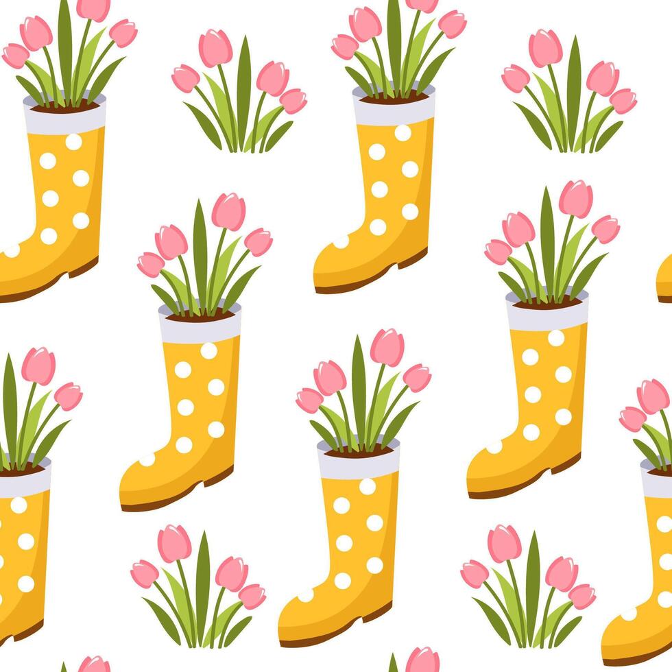 Spring seamless pattern. Yellow rubber boot with polka dots with pink tulips on a white background. vector