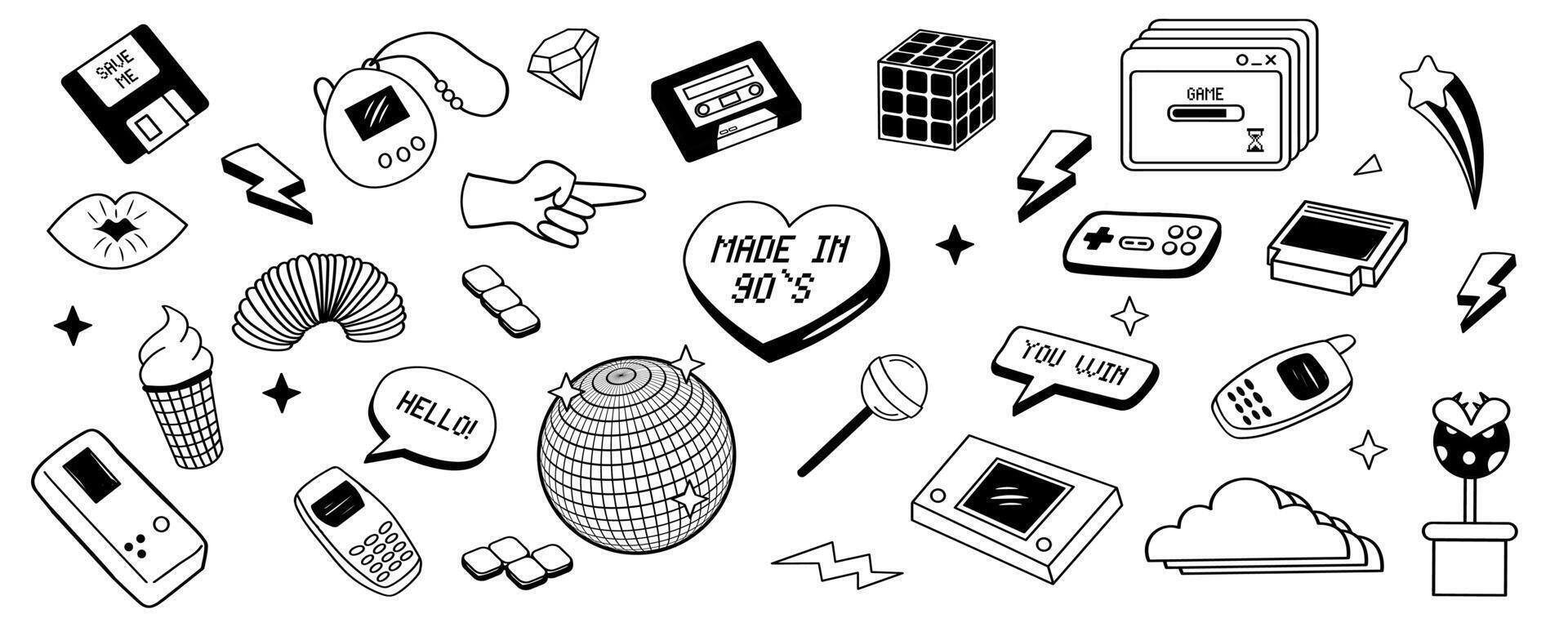 90s cute elements collection. Big  vector set  in doodle style.