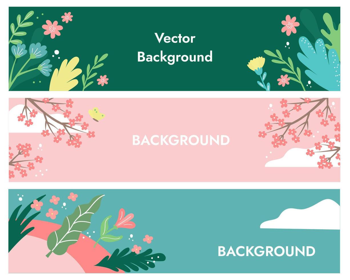 Vector collection of spring backgrounds with space for copying text. Bright banners, design templates with leaves and flowers.
