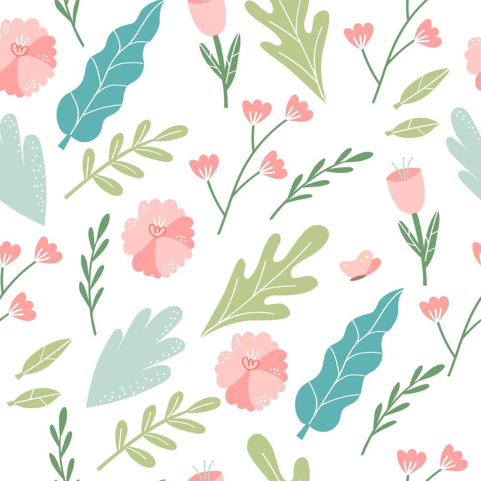 Vector floral pattern in doodle style with flowers and leaves. Delicate, spring floral background.